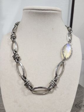 Silver Link Necklace with Iridescent Oval Stone- Alexa Rae